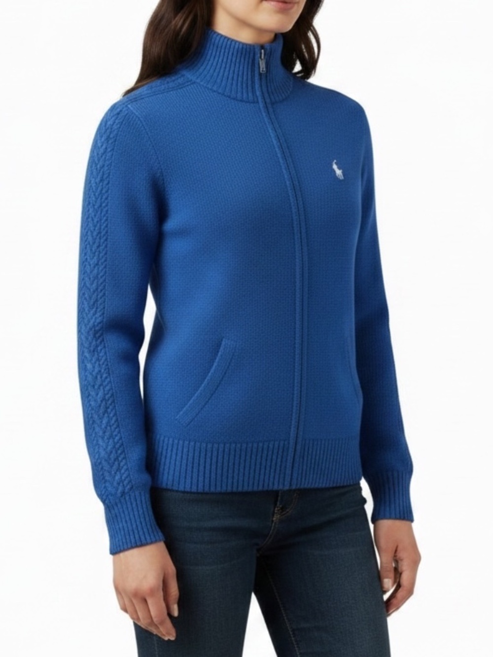 Ralph Lauren Sport Blue Cotton Full Zip Red Pony Sweater Jacket - size XL